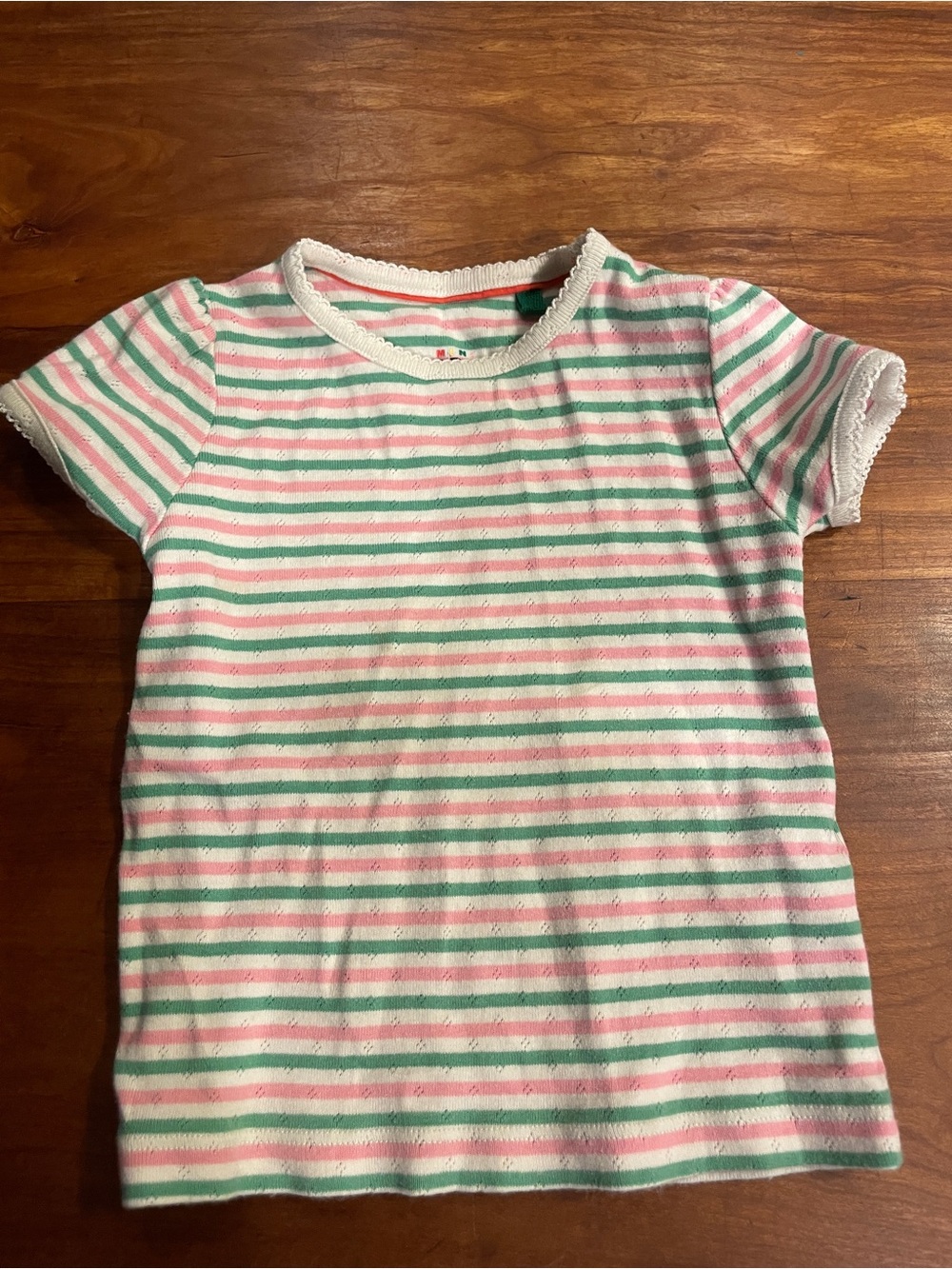 Mini Boden pointelle pink and green striped top 3-4 years